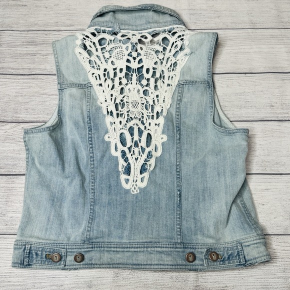 Anthropologie Pilcro & The Letterpress Denim Vest Crochet Back Insert Large Jean - Picture 2 of 4